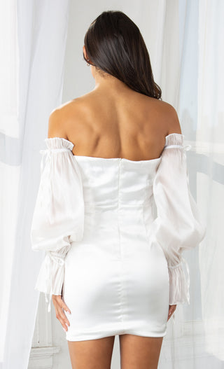 Forbidden Dreams White Satin Off the Shoulder Long Sheer Puff Sleeve Square Neck Sequin Bodycon Mini Dress
