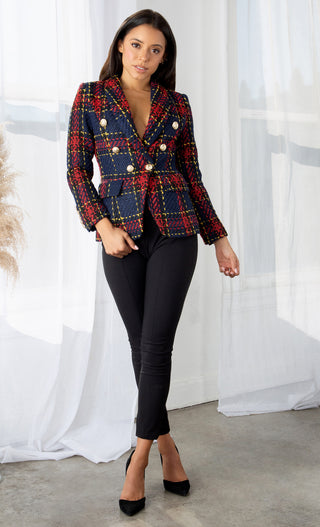 Preppy Attitude Tweed Navy Blue Red Yellow Plaid Pattern Long Sleeve Gold Button Woolen Double Breast Blazer Jacket Outerwear