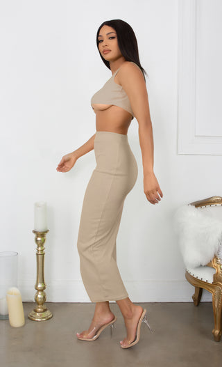 Playing With Fire White Under Boob Sleeveless Scoop Neck Crop Top Two Piece Bodycon Casual Maxi Dress