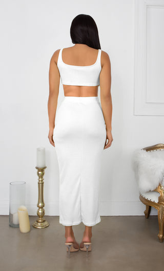 Playing With Fire White Under Boob Sleeveless Scoop Neck Crop Top Two Piece Bodycon Casual Maxi Dress