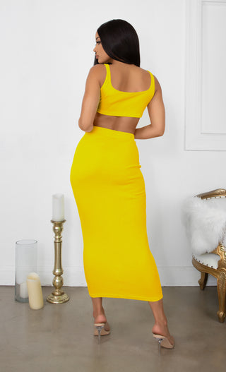 Playing With Fire Yellow Under Boob Sleeveless Scoop Neck Crop Top Two Piece Bodycon Casual Maxi Dress