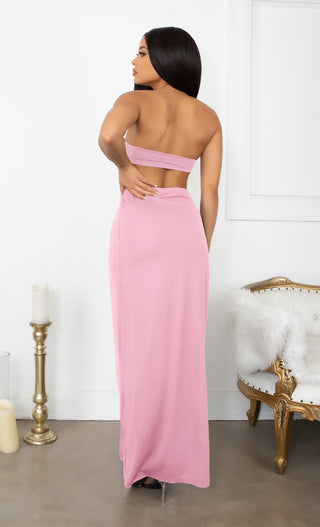 Inner Love Pink Crop Top Bandeau Strapless Slit Wrap Skirt Two Piece Maxi Dress Set