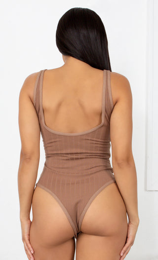 Flying All Night Brown Sleeveless Ribbed Deep Scoop Neck Open Back Bodysuit Tank Top