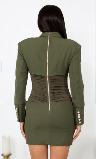 Talk Business Military Army Green Long Sleeve Collar Pocket Ruched Waist Bodycon Mini Dress
