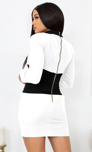 Talk Business White Black Contrast Color Block Long Sleeve Ruched Waist Shirt Collar Bodycon Mini Dress
