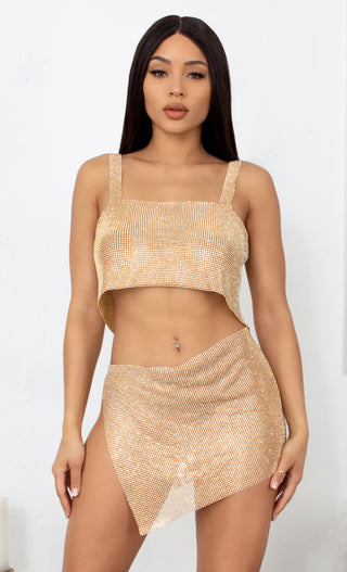 Check Your Temperature Gold Rhinestone Diamanté Metal Mesh Crystal Sleeveless Backless Crop Top Side Tie Mini Two Piece Dress