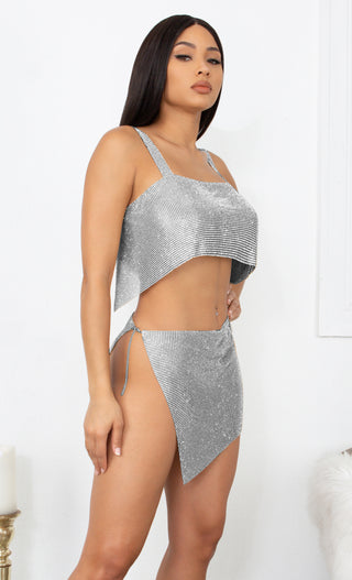 Silver Full Rhinestones Bikini Mini Dress Sexy Transparent Mesh