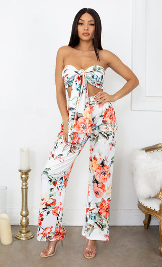 Island Fever White Floral Strapless Tie Front Stretchy Bandeau Tropical  Print Pattern Two Piece Pants Jumpsuit – Indie XO