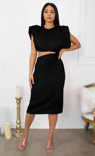 Model Mentality Black Statement Shoulder Pad Ruched Sleeveless Slit Bodycon Tee Shirt Cut Out Mini Dress