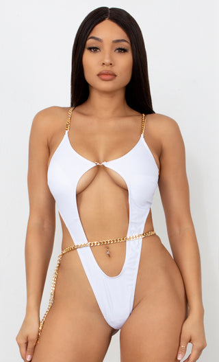 Fit Right In My Hands<br><span> Neon Pink Gold Chain Spaghetti Straps Cut Out Brazilian High Leg Monokini One Piece Swimsuit</span>