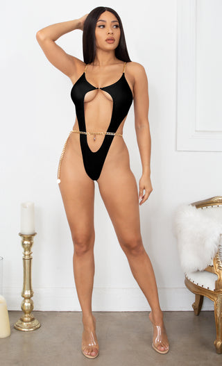 Fit Right In My Hands <br><span>Neon Orange Gold Chain Spaghetti Straps Cut Out Brazilian High Leg Monokini One Piece Swimsuit</span>