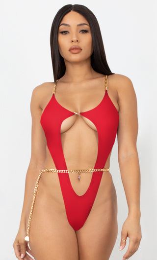 Fit Right In My Hands <br><span>Red Gold Chain Spaghetti Straps Cut Out Brazilian High Leg Monokini One Piece Swimsuit</span>