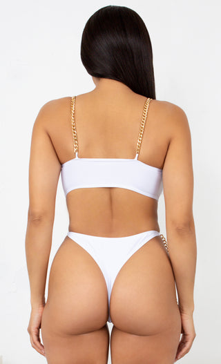 Fit Right In My Hands <br><span>White Gold Chain Spaghetti Straps Cut Out Brazilian High Leg Monokini One Piece Swimsuit</span>