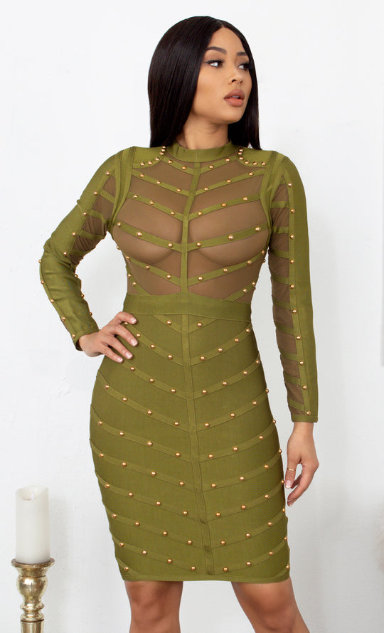 Shameless Flirt Light Olive Green Gold Studded Long Sleeve Sheer Mesh Stripe Crew Neck Bandage Midi Dress