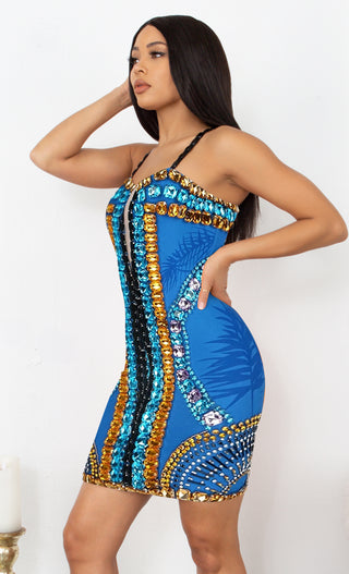 Famous Curves Blue Multicolor Mesh V Neck Embellished Beaded Gem Bandage Spaghetti Strap Body Con Mini Dress