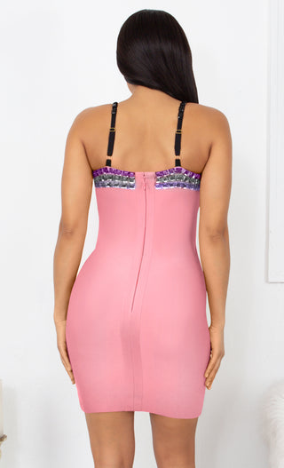 Famous Curves Pink Black Multicolor Mesh V Neck Embellished Beaded Gem Bandage Spaghetti Strap Body Con Mini Dress