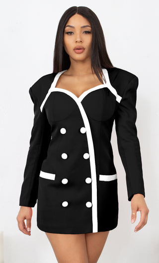 Let's Talk Business Black Long Sleeve Sweetheart Neckline Button Bandage Bodycon Blazer Mini Dress