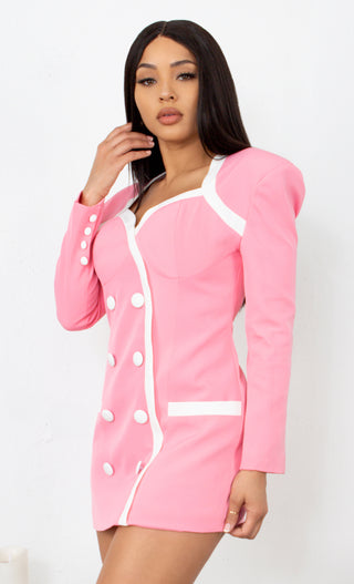 Let's Talk Business Pink Long Sleeve Sweetheart Neckline Button Bandage Bodycon Blazer Mini Dress