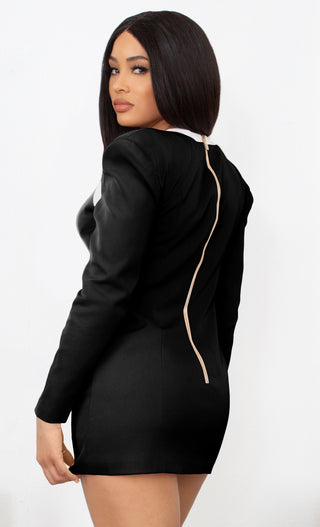 Let's Talk Business Black Long Sleeve Sweetheart Neckline Button Bandage Bodycon Blazer Mini Dress