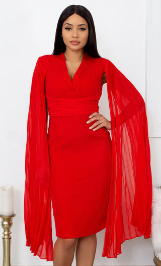 Ladies Choice Red Cape Pleated Sleeveless Chiffon V Neck Cross Wrap Waist Ruched Body Con Midi Dress