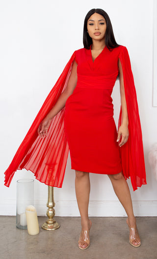 Ladies Choice Red Cape Pleated Sleeveless Chiffon V Neck Cross Wrap Waist Ruched Body Con Midi Dress