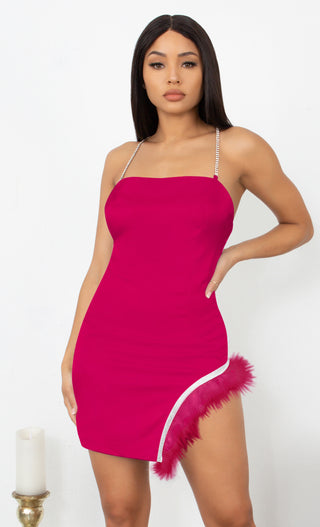 Sparkle Delight Fuchsia Pink Satin Rhinestone Spaghetti Strap Sleeveless Fringe Feather Bodycon Mini Dress