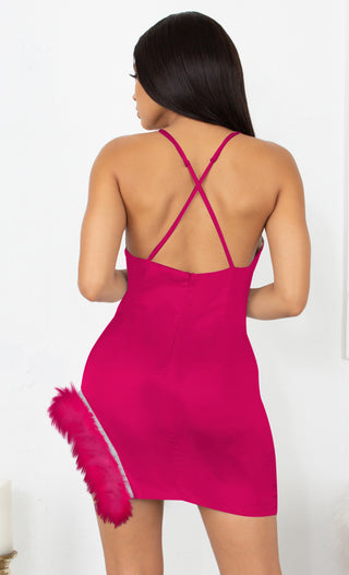 Sparkle Delight Fuchsia Pink Satin Rhinestone Spaghetti Strap Sleeveless Fringe Feather Bodycon Mini Dress