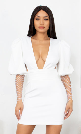 In My Suite White Puff Long Sleeve Mesh Sheer Sleeve Deep V Neck Cut Out Backless Bodycon Mini Dress