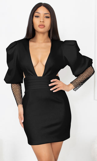 Plunge Long Sleeve Sheer Mesh Party Dress