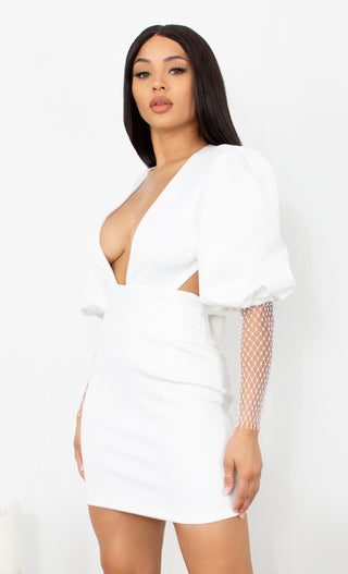 In My Suite White Puff Long Sleeve Mesh Sheer Sleeve Deep V Neck Cut Out Backless Bodycon Mini Dress