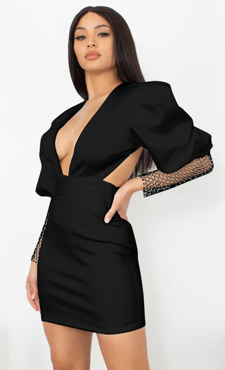 In My Suite Black Puff Long Sleeve Mesh Sheer Sleeve Deep V Neck Cut Out Backless Bodycon Mini Dress