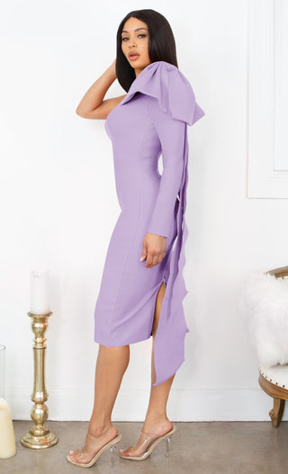 Luckiest Girl Light Purple Bow One Shoulder Long Sleeve Drape Knee Length Bandage Bodycon Midi Dress
