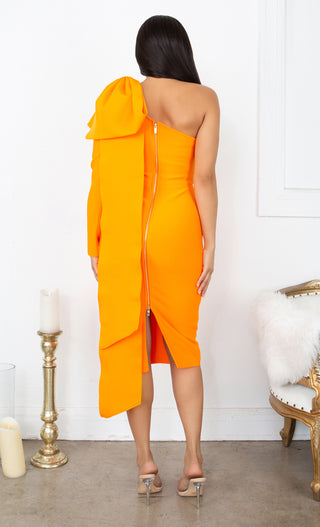 Luckiest Girl Bright Orange Bow One Shoulder Long Sleeve Drape Knee Length Bandage Bodycon Midi Dress