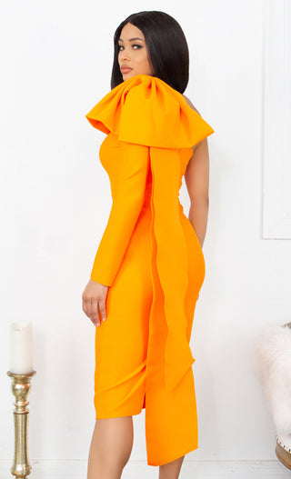 Luckiest Girl Bright Orange Bow One Shoulder Long Sleeve Drape Knee Length Bandage Bodycon Midi Dress