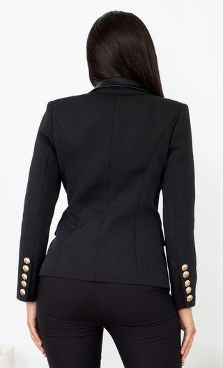 Keeping Focus Faux Leather Lapel Accent Black Gold Button Long Sleeve Blazer Jacket Outerwear