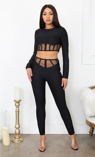 Switching My Positions Black Mesh Cut Out Sheer Long Sleeve Bandage Skinny  Leg Long Sleeve Jumpsuit Two Piece Set – Indie XO