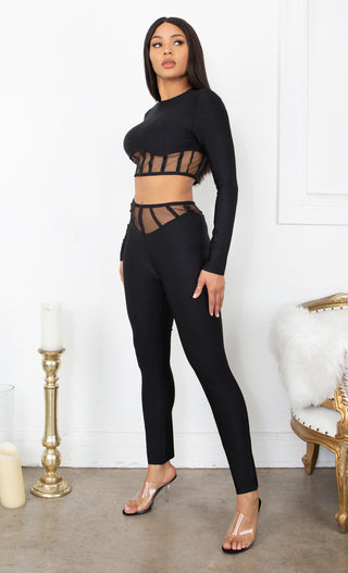 Switching My Positions <br><span>Black Mesh Cut Out Sheer Long Sleeve Bandage Skinny Leg Long Sleeve Jumpsuit Two Piece Set</span>