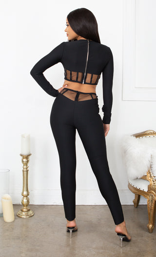 Switching My Positions <br><span>Black Mesh Cut Out Sheer Long Sleeve Bandage Skinny Leg Long Sleeve Jumpsuit Two Piece Set</span>