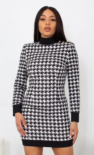 Classic Mode White Black Houndstooth Tweed Long Sleeve Mock Turtle Neck Bodycon Gold Buttons Mini Dress