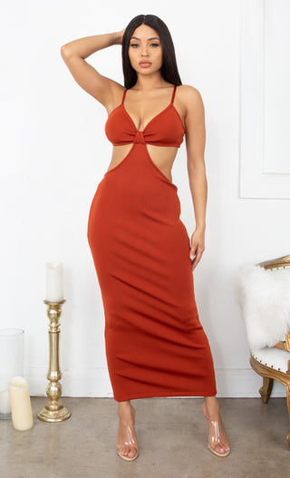 Sultry Nights Cut Out Burnt Rust Orange Knotted Bandage Spaghetti Strap Sleeveless Maxi Bodycon Dress