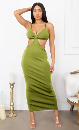 Sultry Nights Cut Out Beige Knotted Bandage Spaghetti Strap Sleeveless Maxi Bodycon Dress