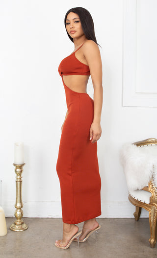 Sultry Nights Cut Out Burnt Rust Orange Knotted Bandage Spaghetti Strap Sleeveless Maxi Bodycon Dress