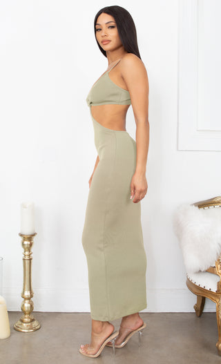 Sultry Nights Green Cut Out Knotted Bandage Spaghetti Strap Sleeveless Maxi Bodycon Dress
