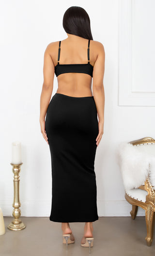 Sultry Nights Black Cut Out Knotted Bandage Spaghetti Strap Sleeveless Maxi Bodycon Dress