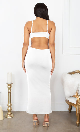 Sultry Nights Cut Out White Knotted Bandage Spaghetti Strap Sleeveless Maxi Bodycon Dress