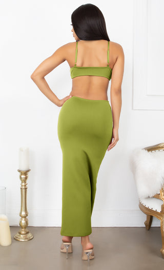 Sultry Nights Green Cut Out Knotted Bandage Spaghetti Strap Sleeveless Maxi Bodycon Dress