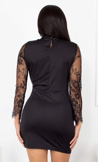 At Your Request Black Sheer Lace Long Sleeve Mock Neck Cut Out V Neck Drape Tulip Bodycon Mini Dress