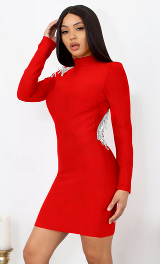 Fatal Attraction Red Bandage Long Sleeve Cut Out Open Back Rhinestone Fringe Bodycon Mini Dress