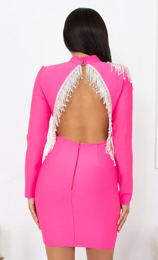 Fatal Attraction Hot Fuchsia Pink Bandage Long Sleeve Cut Out Open Back Rhinestone Fringe Bodycon Mini Dress