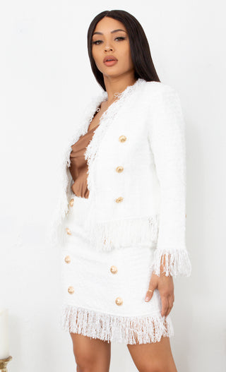 New In Town White Tweed Fringe Tassel Long Sleeve Blazer Jacket Gold Button Two Piece Mini Dress Set